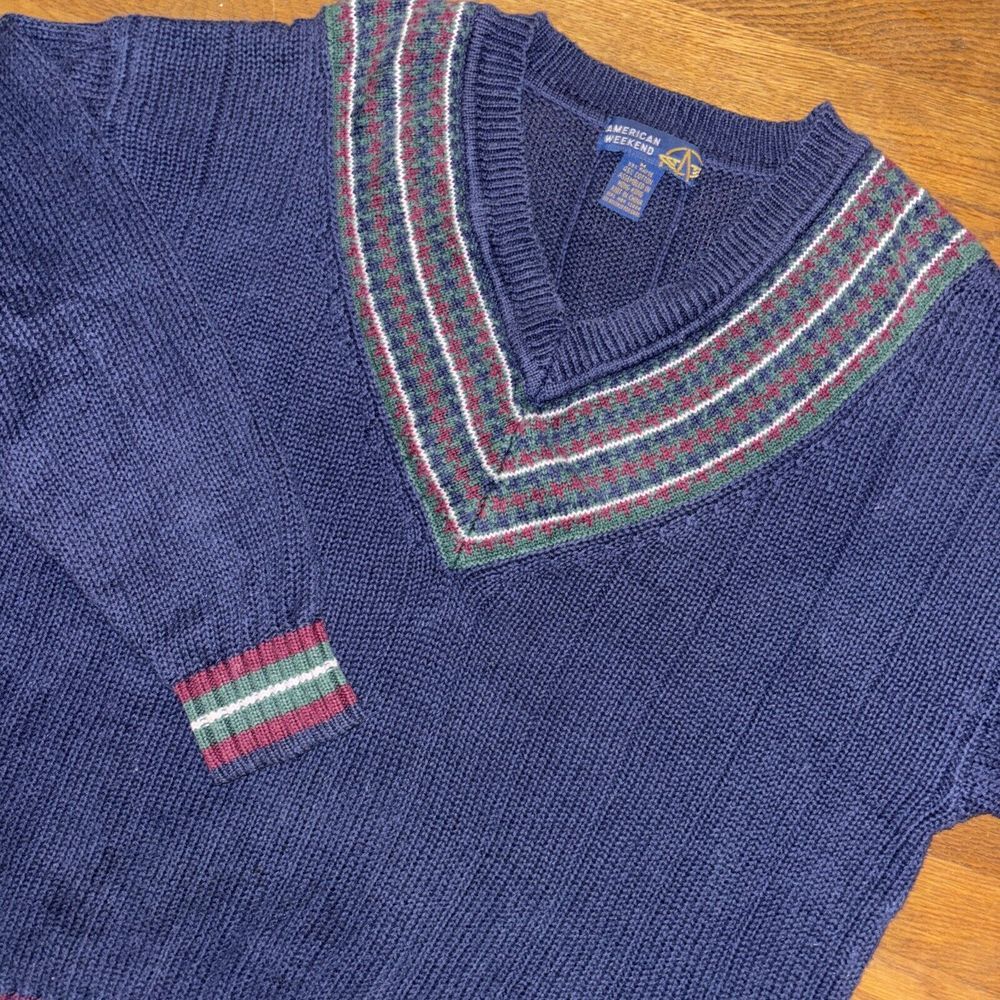 VTG Tennis Golf‎ Cable Knit Sweater Fair Isle Preppy Mens Medium Navy Red Green